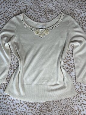 Worthington Cream Scoop Neck Sweater with Pearl and Rhinestone Trim